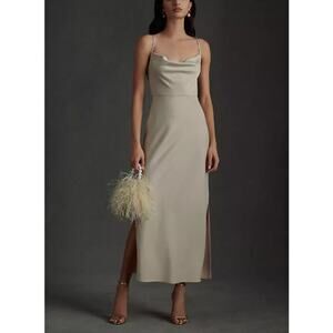 BHLDN Cali Satin Cowl-Neck Midi Slip Dress in Sage Size 2